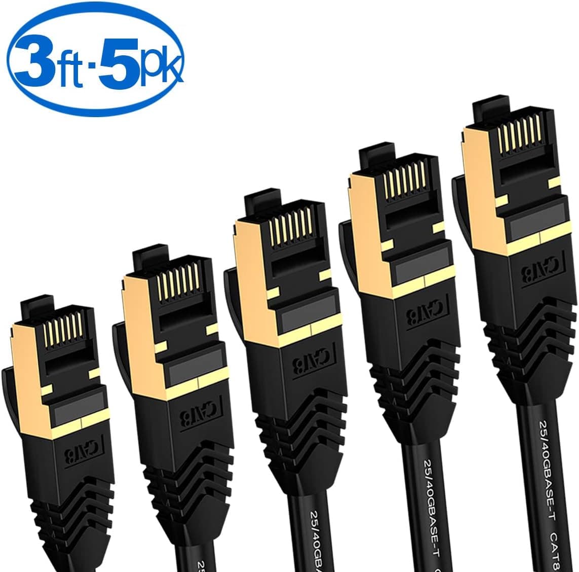 Cat8 Ethernet Cable 3ft 5 Pack,High Speed Internet Cable with 2 Gold Plated RJ45 Connectors, 2000MHz/40Gbps Waterproof LAN Ethernet Cord for Modem,Router and PS4 feet (3ft, Black)