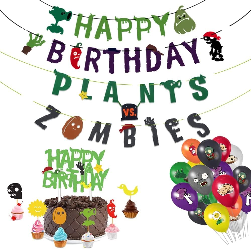 Plants Play Zombies Theme Birthday Party Decoration Set - HAPPY BIRTHDAY Banner, Zombies Banner, Cake Topper, Cupcake Topper, PVSZ Balloon for Zombies Birthday Party Supplies,Kids Room Decor,58Pcs All
