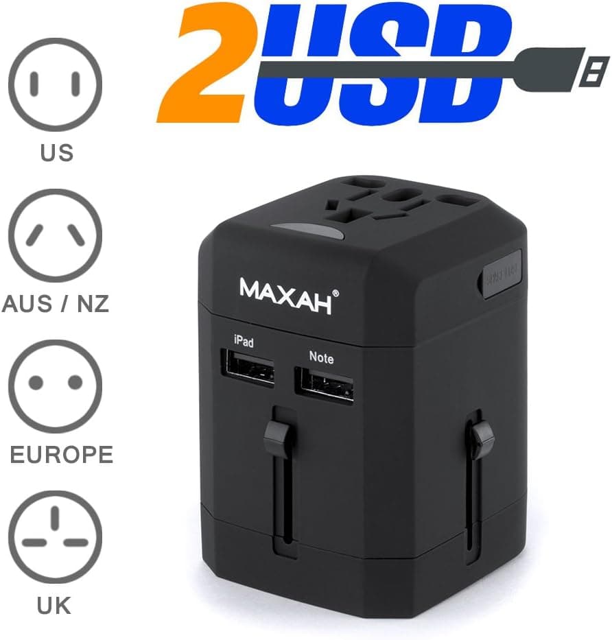 MAXAH 2 USB Charging Port (2.5A) Surge Protector All in One Universal Worldwide Travel Wall Charger AC Power AU UK US EU Plug Adapter Adaptor