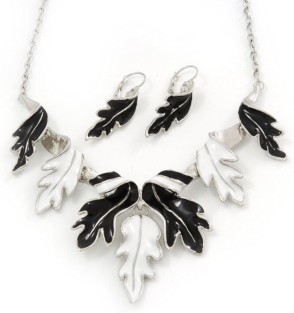 Avalaya Black/White Enamel 'Leaf' Necklace & Drop Earrings Set in Silver Plating - 40cm Length/ 6cm Extension