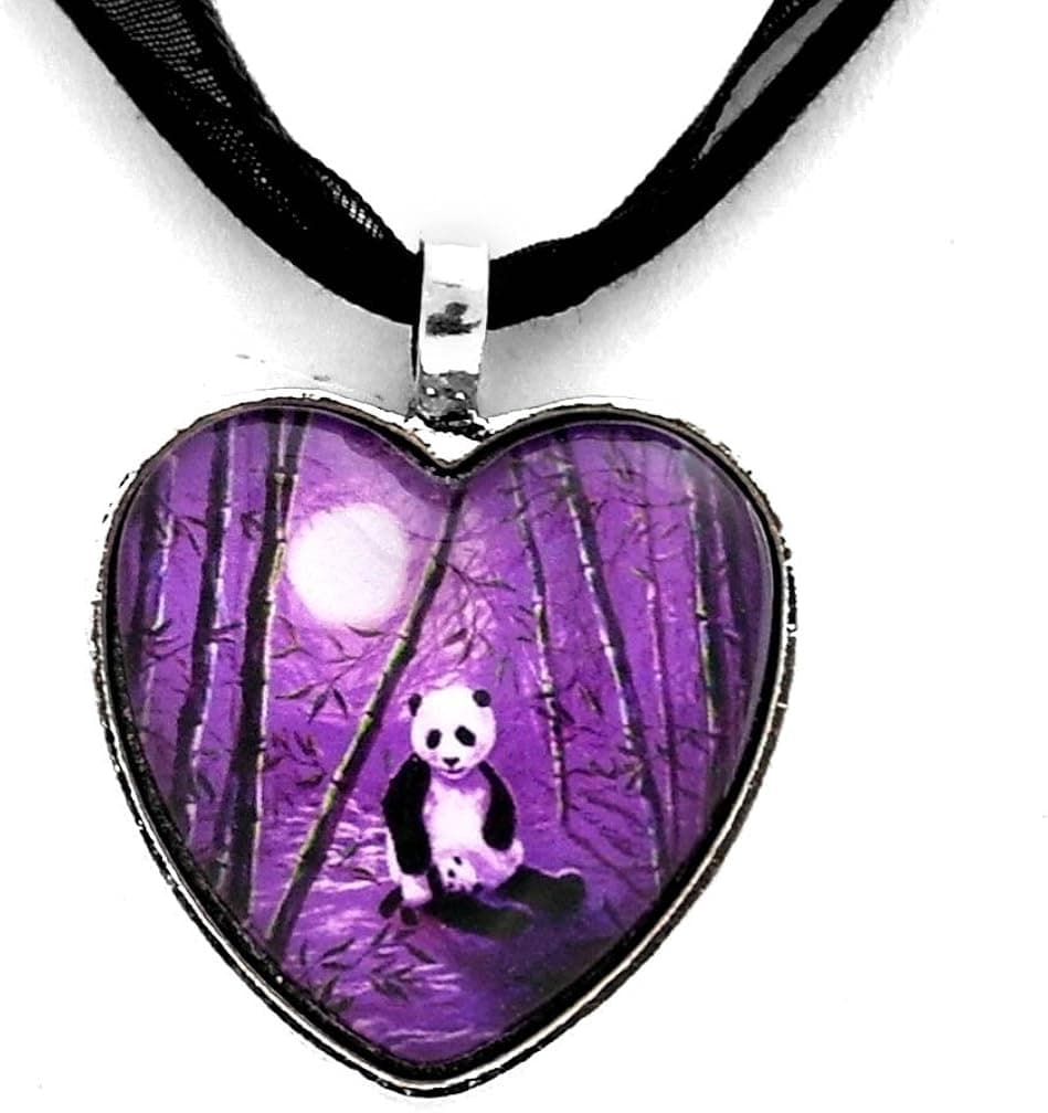 Laura Milnor Iverson Mother Panda Necklace Purple Moon Bamboo Heart Pendant Handmade Jewelry