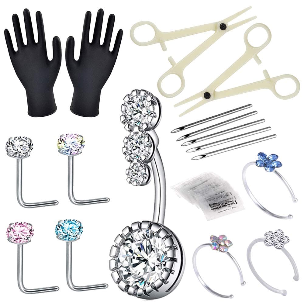 Piercing Kit - Combofix 32Pcs Professional Belly Nose Piercing Kit with 14G 18G 20G Stainless Steel Piercing Needles Piercing Clamps Gloves for Belly Navel Nose Rings Studs Nose Piercing Kit Supplies