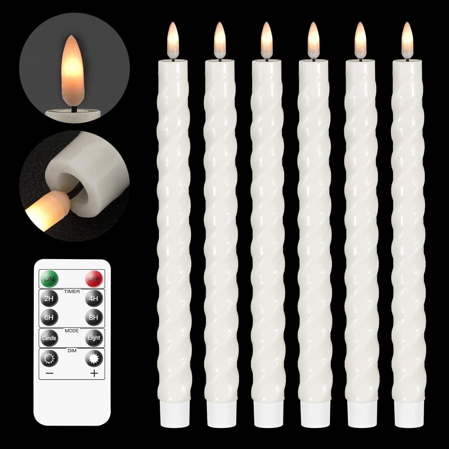 Vanchi Flameless Real Wax Spiral Taper Candles Battery Operated with Remote and Timer, Flickering Swirled Window LED Candles Lights for Valentine's Day, Dinning Home Wedding Decor（Pack of 6） (White)