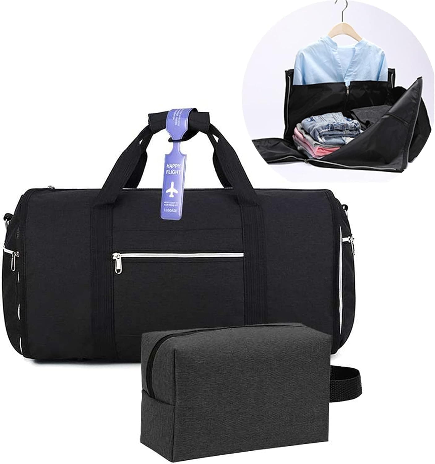 Carry On 2 in 1 Garment Bag with travel tag cosmetic bag, Lightweight Travel Bags Water Resistant Canvas Men Women Weekender Suit Dress Cover
