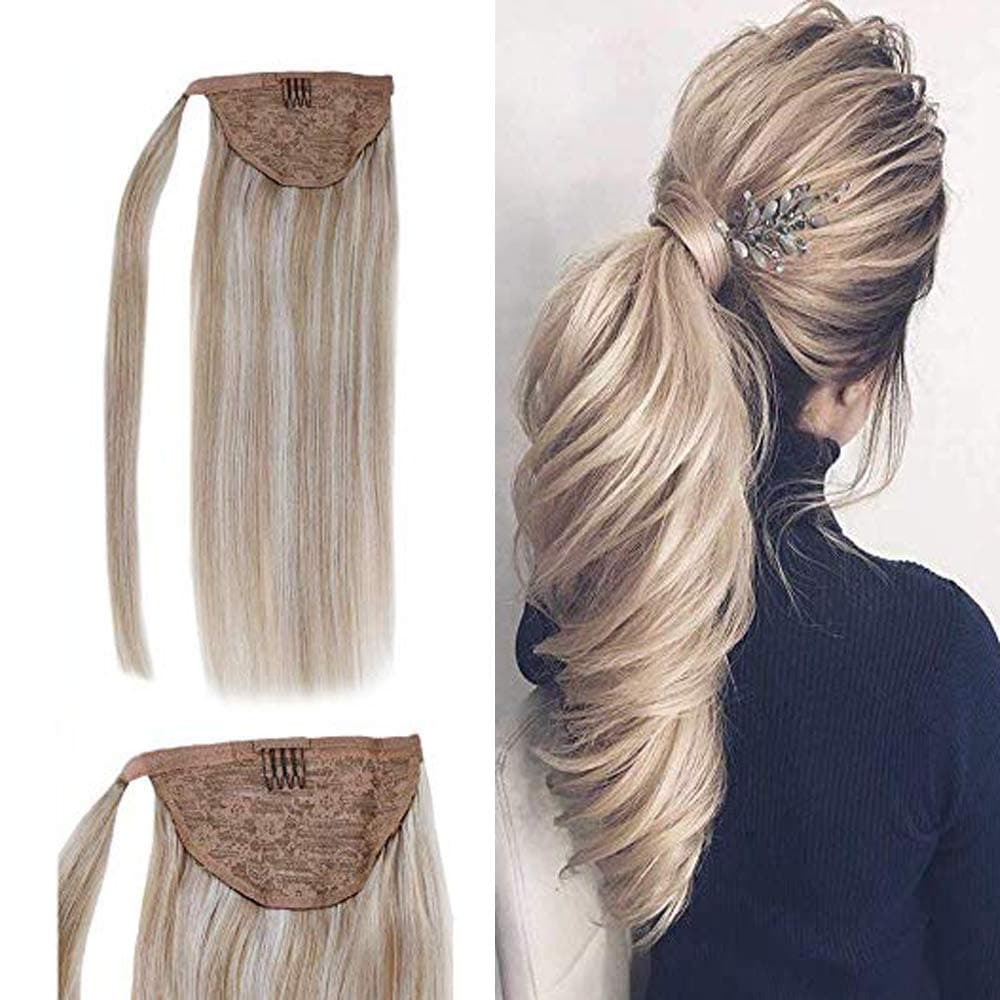 LaaVoo Short Ponytail Human Hair Extensions Drawstring Wrap Around Hairpieces in Highlight Color Honey Ash Blonde Mixed Platinum Blonde(#18/613) Tie Up Popular Color 12inch 70g/pack