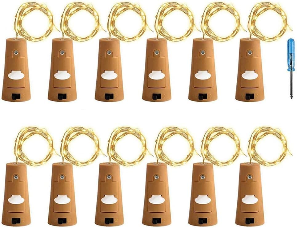 sanhezhong Wine Bottle Lights with Cork - 12 Pack 6.5ft/2m Silver Wire Cork Lights for Bottle 20 LED Bottle Lights Battery Powered String Lights for Party Halloween Wedding Festival (Warm White)