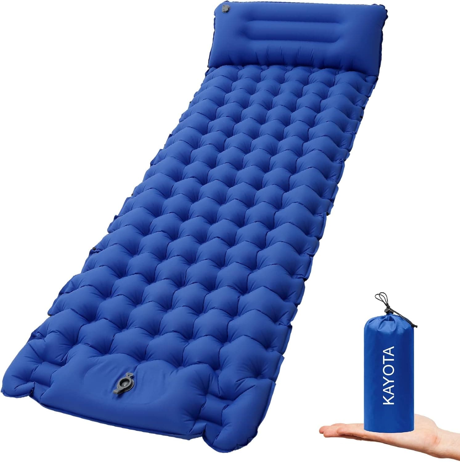 KAYOTA Camping Pad Inflatable Sleeping Pad for Camping with Pillow, Foot Press Ultralight Sleeping Pads for Backpacking, Hiking, Traveling, Durable & Waterproof Camping Mat, Blue, 4'' THICK, SINGLE