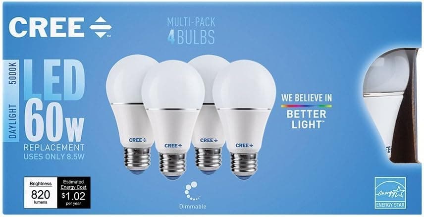 Cree SA19-08150MDFD-12DE26-1-14 Led 60W Replacement A19 Daylight (5000K) Dimmable Light Bulb - 12 PACK