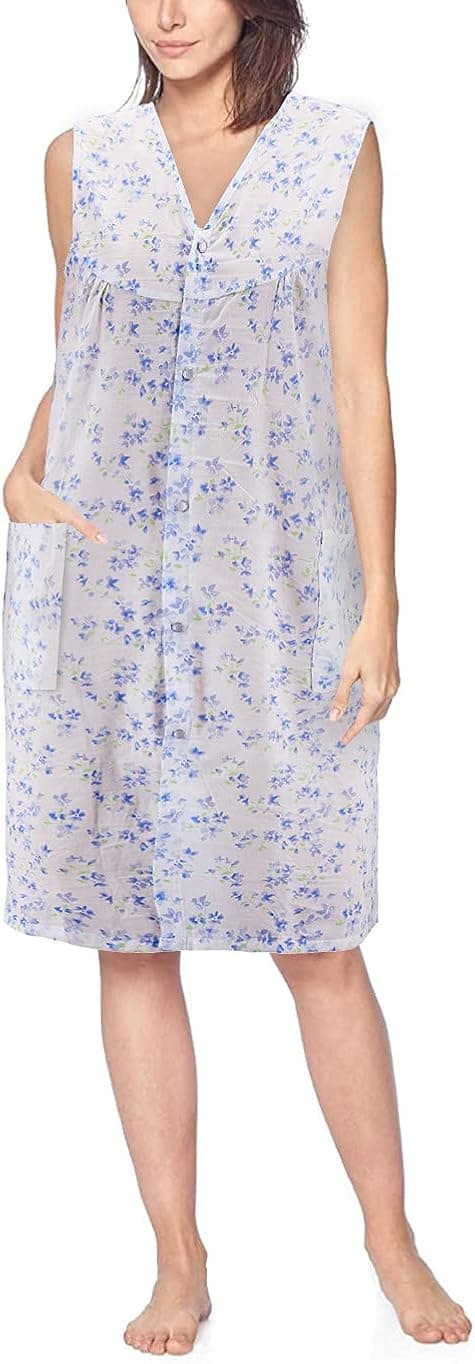 Women's Sleeveless Pearl Snap Button Floral Duster Nightgown Lounger Robe G168