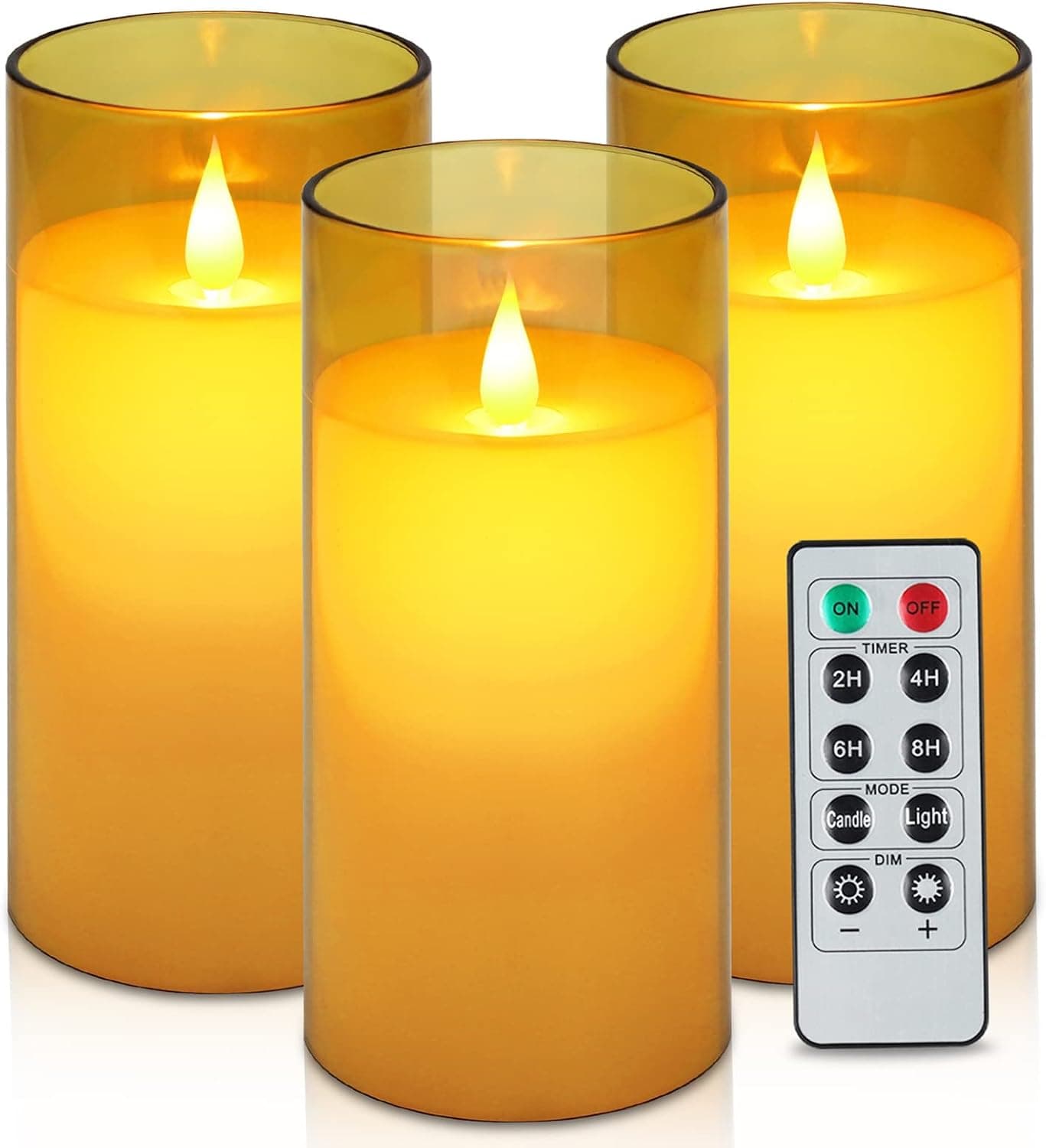 Flameless Candles Flickering Battery Operated Candles Set of 3(D 3" x H 6") Plexiglass LED Candles Include Realistic Moving Wick and 10-Key Remote Control with 24-Hour Timer(Gold)