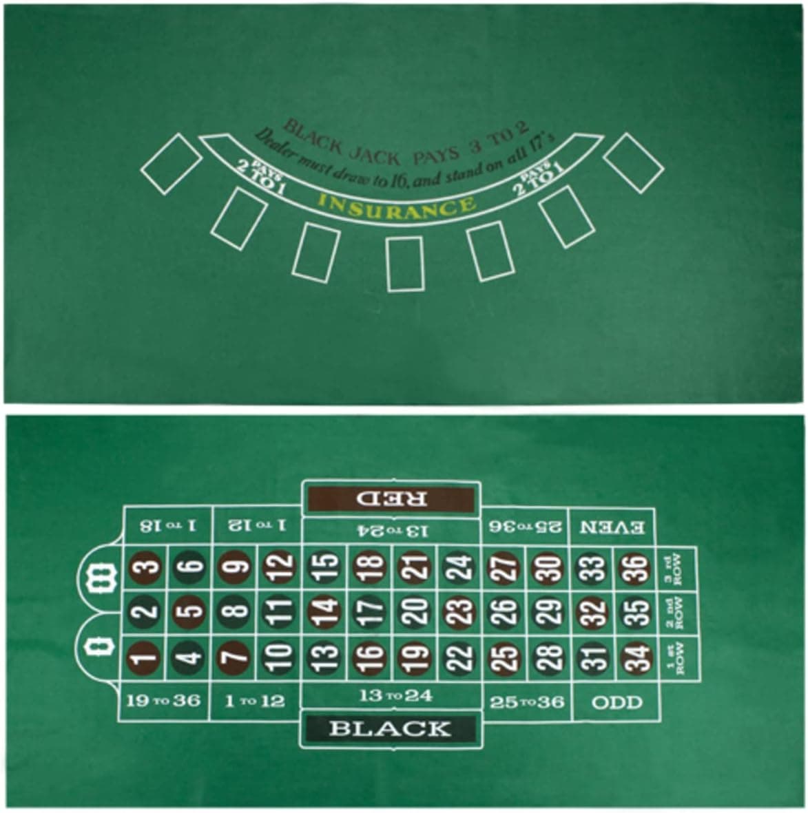 GSE 2-Sided 36"x72" Casino Blackjack and Roulette Tabletop Felt Layout Mat, Double Sided Casino Roulette and Blackjack Layout Table Top Mat (Blackjack/Roulette Layout)