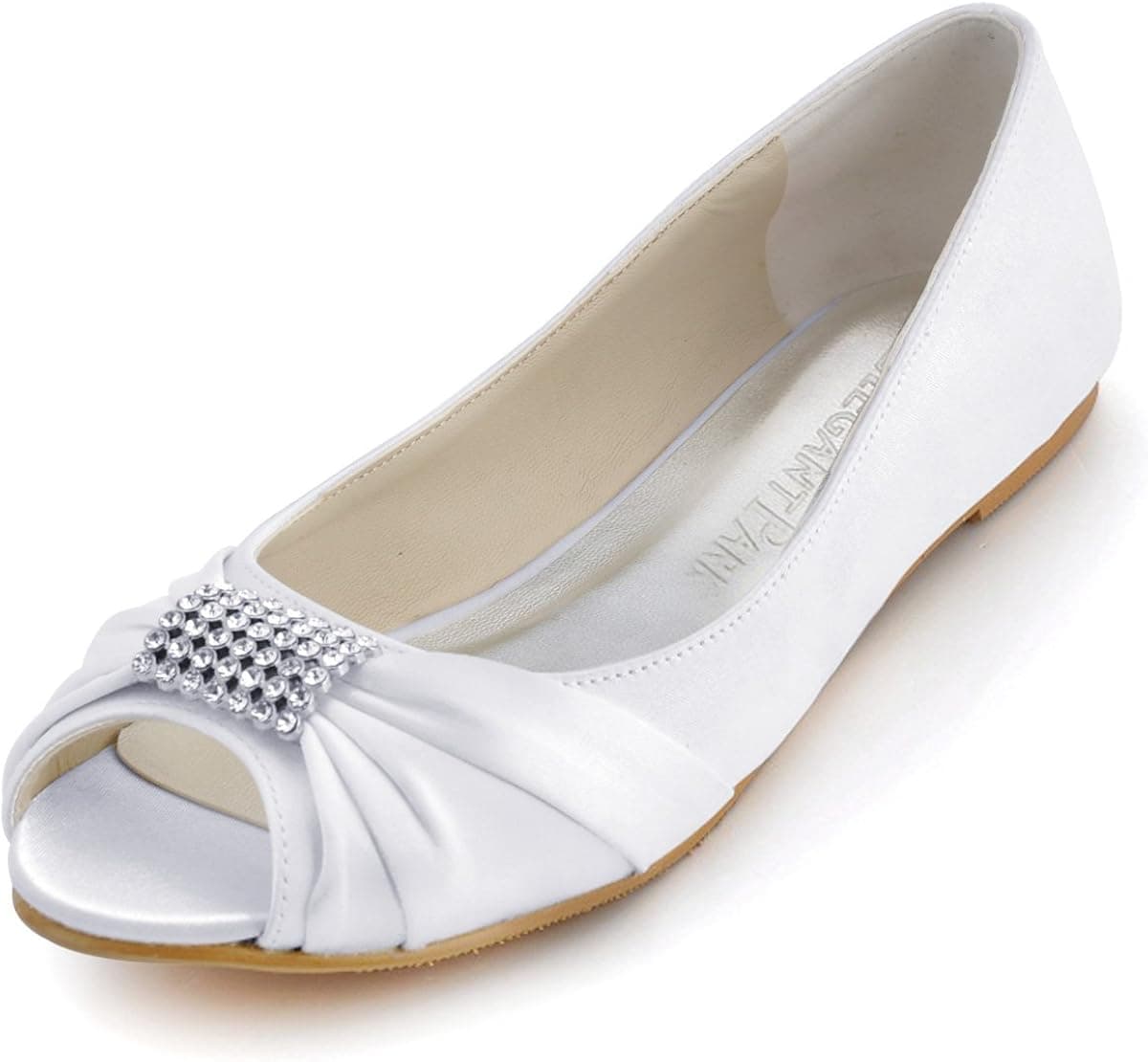 ELEGANTPARK Women Peep Toe Rhinestones Comfort Flats Pleated Satin Wedding Bridal Shoes