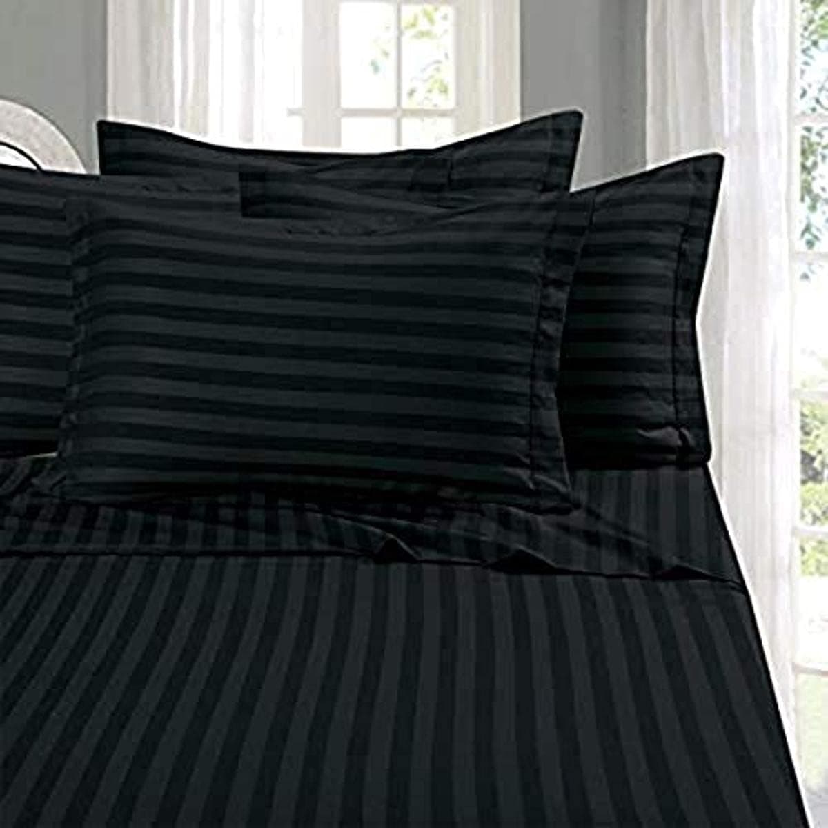 Elegant Comfort Wrinkle & Fade Resistant 1500 Thread Count - Damask Stripes Egyptian Quality Luxurious Silky Soft 4pc Sheet Set, Up to 16" Deep Pocket, California King, Black
