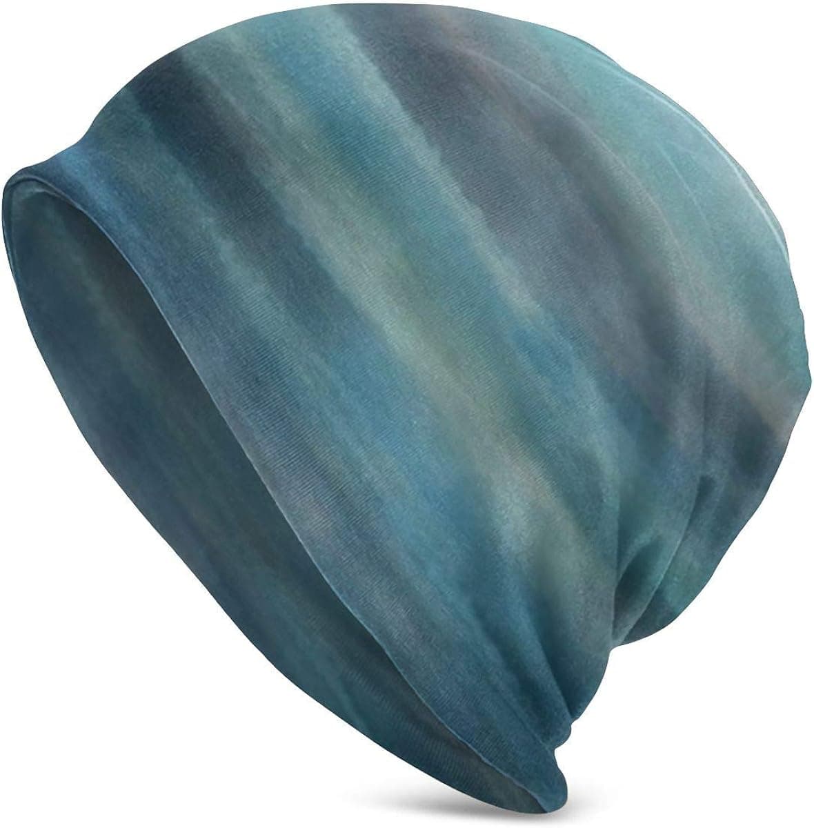Aqua Teal Blue Sea Ocean Ombre Watercolor Stylish Slouchy Beanie for Men/Women - Casual Stretchy Breathable Hip-hop Skull Cap Baggy Oversize Knit Hat