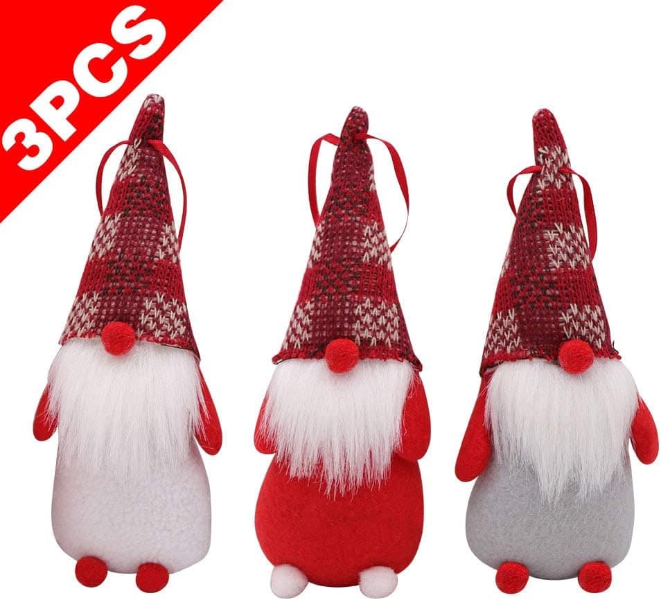 AerWo 3Pcs Gnome Christmas Ornaments, Handmade Swedish Tomte Gnomes Plush Scandinavian Santa Elf for Table Ornament Christmas Tree Hanging Decorations