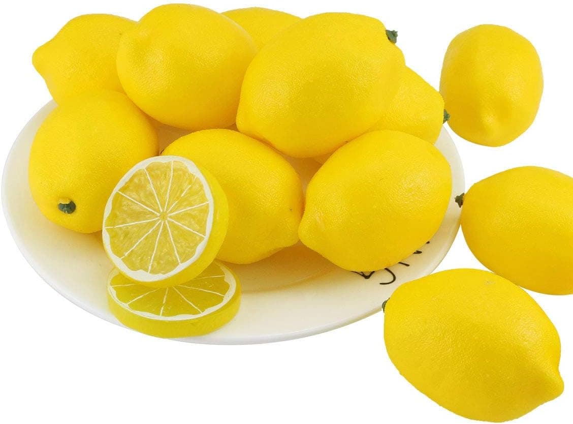 Faxco 12 Pcs Fake Lemons with 2 Pcs Artificial Lemon Slice, Realistic Fake Lemons Set, Artificial Lifelike Simulation Fruit Modelificial Lifelike Simulation Fruit Model