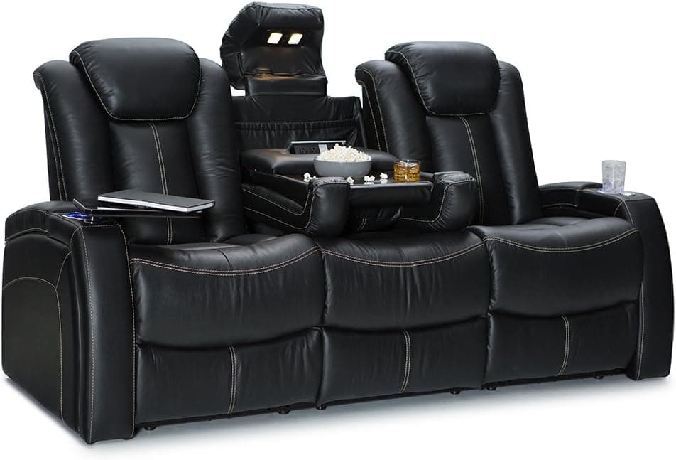 Seatcraft Republic Home Theater Seating - Top Grain Leather - Power Recline - Power Headrest - Center Fold Down Table - Cupholders - AC, USB, Wireless Charging - in Arm Storage (Sofa, Black)