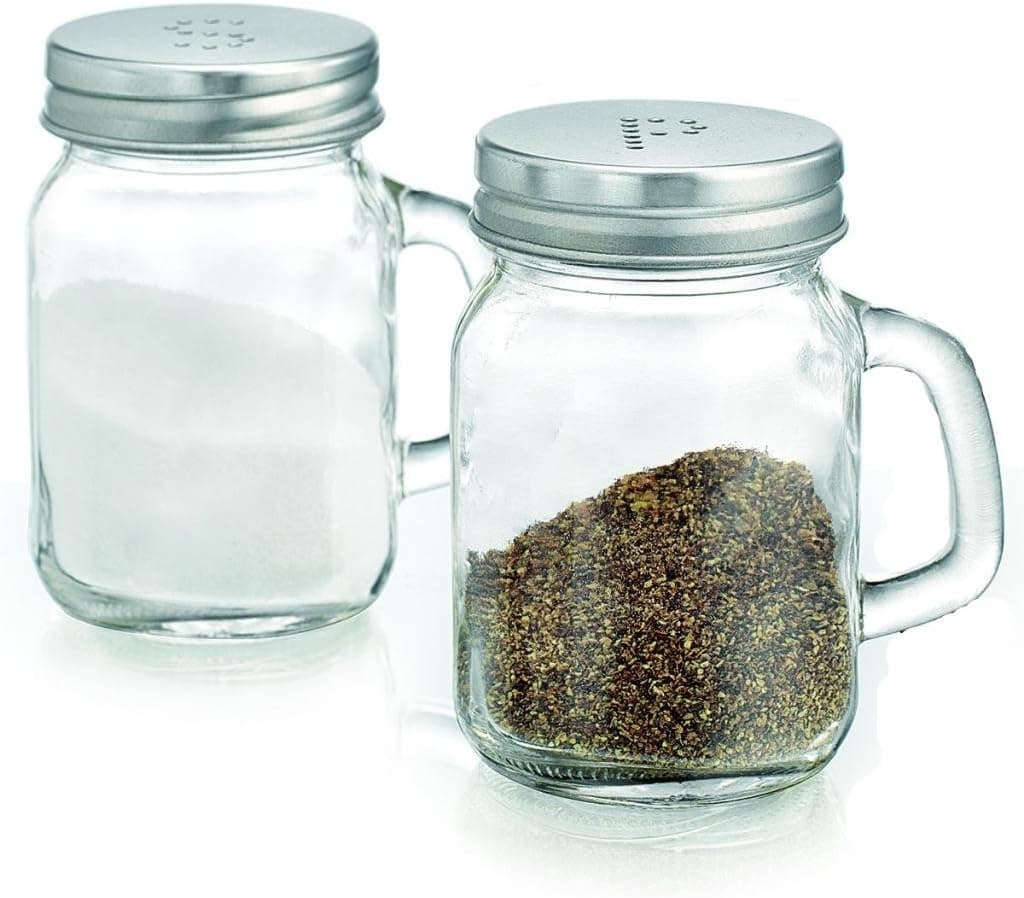 Set of 2 Mason Jars Salt and Pepper Shakers with Handles ~ 5-oz Clear Glass Spices Canisters with Screw-on Stainless Steel Lids