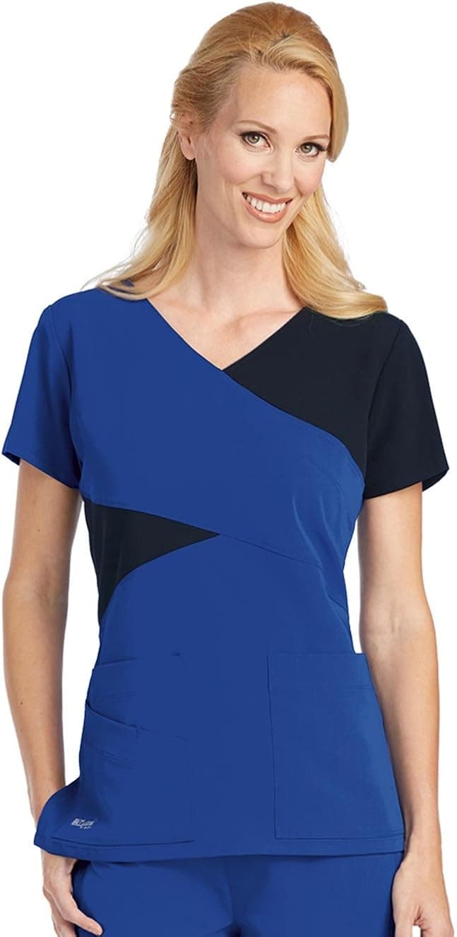 Grey's Anatomyª Signature Mock Wrap Top w/Contrast Panels' Scrub Top