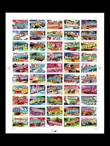 Greetings from America, Full Sheet of 50 37-cent State Stamps, USA 2002, Scott 3696-3745