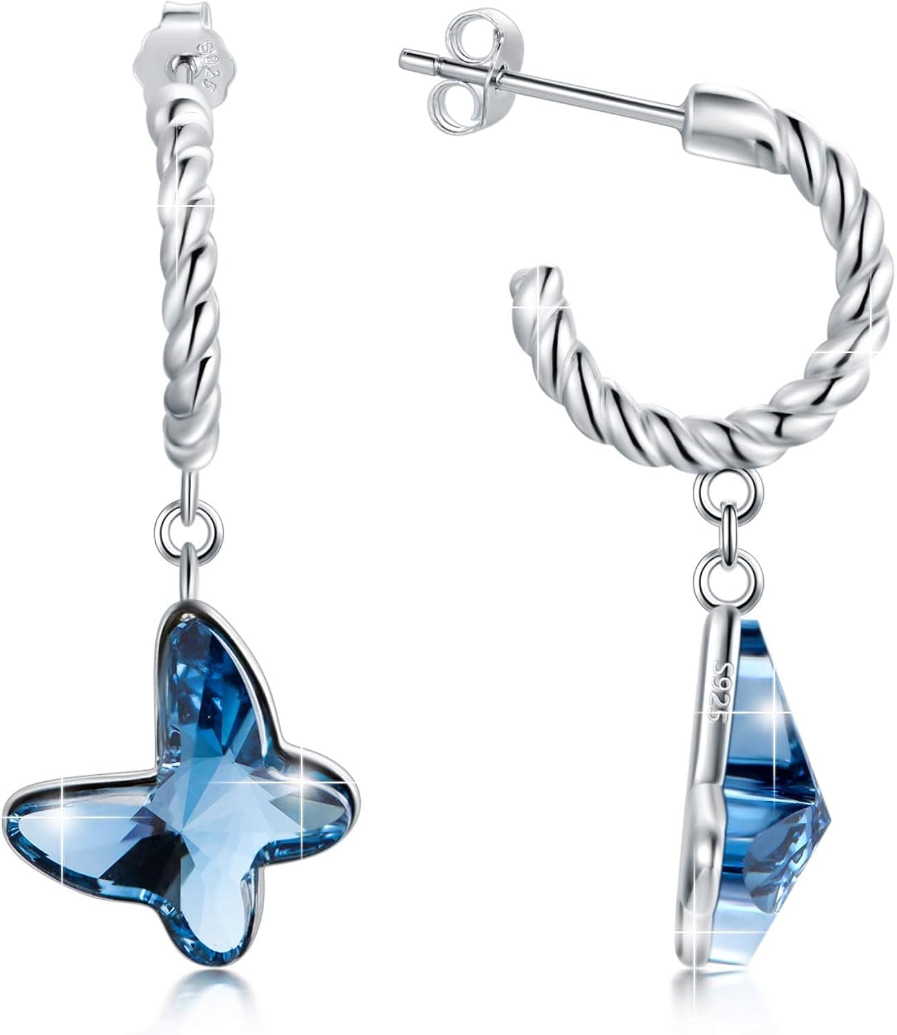 Sterling Silver Open Hoop Twisted Rope Earrings with Crystals, Anniversary Birthday Dainty Jewelry Gifts for Women Girls