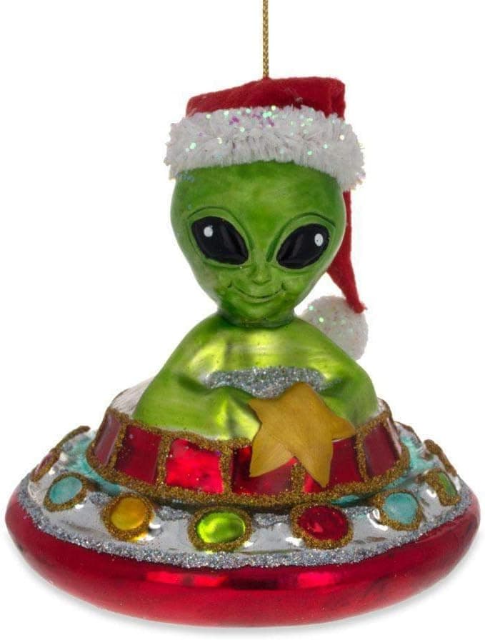 Santa Alien in a Saucer UFO Glass Christmas Ornament 4.2 Inches