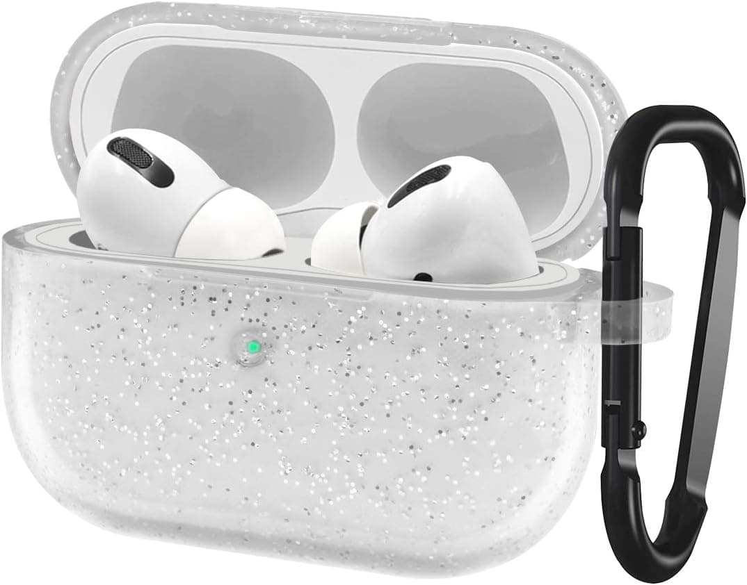 Fingic Airpods Pro Case, Airpods Pro Case Glitter 360° Protective Stylish AirPods Pro Soft TPU Case Cover Shock-Absorbing Protective Case with Keychain for Airpods Pro [Front LED Visible], Clear/White