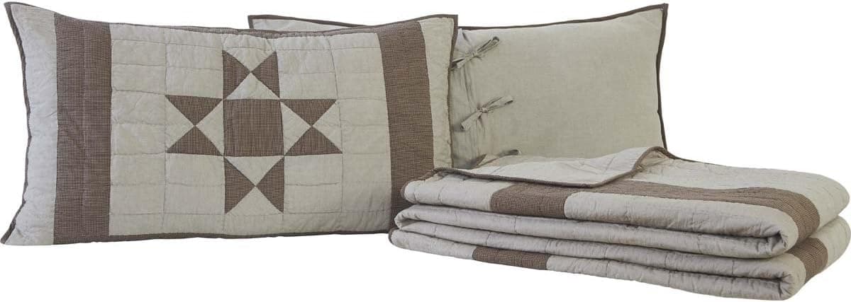 VHC Brands Ohio Star 3 Piece Luxury King Quilt Set Country Patchwork Design, Greige