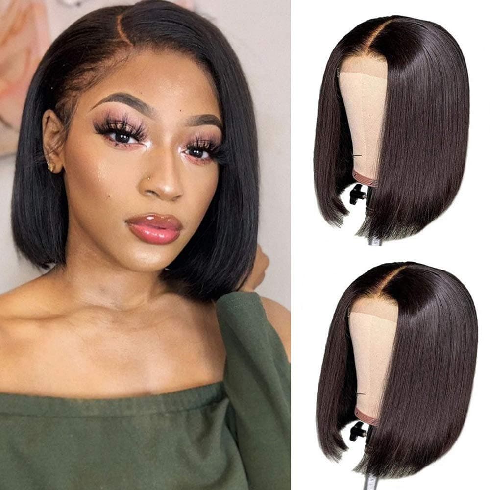Brazilian Straight Bob Wigs Short Human Hair Wigs 4x4 Lace Frontal Wigs Straight Lace Front Bob Wigs Brazilian Lace Front Human Hair Wigs Brazilian Straight Bob Wigs(10", Natural Color)