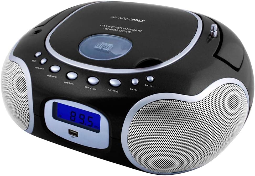 HANNLOMAX HX-309CD Portable CD/MP3 Boombox, AM/FM Radio, Bluetooth, USB Port for MP3 Playback, Aux-in, LCD Display, AC/DC Power Source (Black)