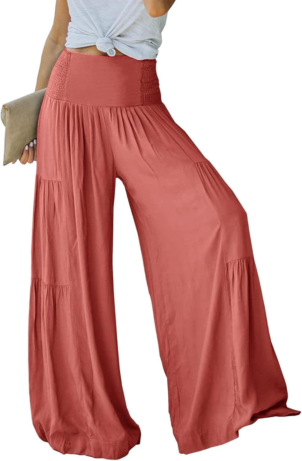 Nirovien Womens Wide Leg Palazzo Lounge Pants High Waist Smocked Beach Pant Casual Trousers