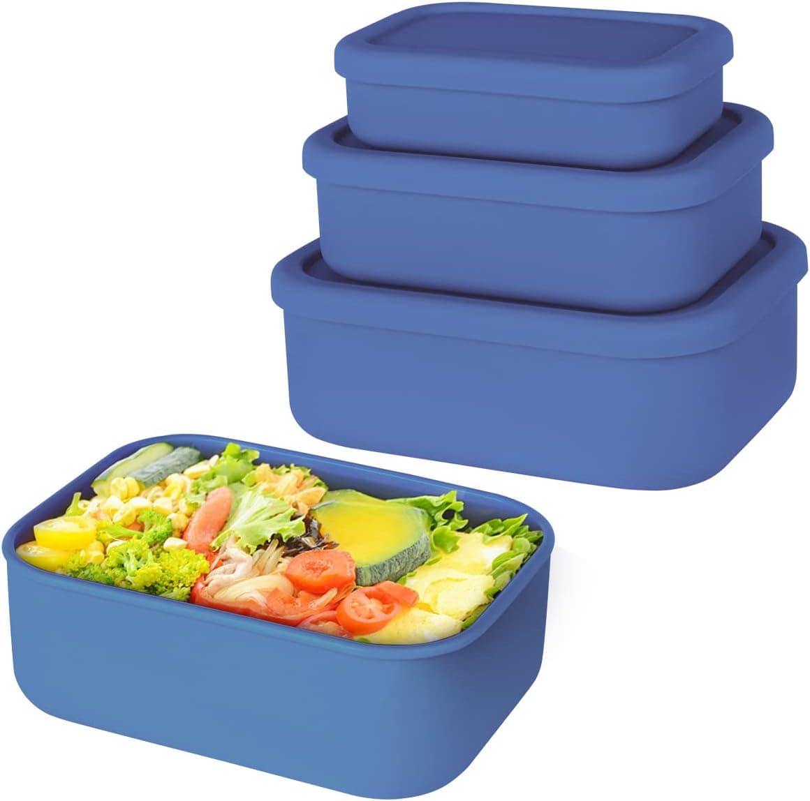 Keweis Silicone Food Storage Containers, Set of 3 Silicone Bento Lunch Box Containers with Lids, Hard-Shell Silicone, Airtight, Microwave, Dishwasher and Freezer Safe (10oz, 23.6oz, 44oz) (Dark Blue)