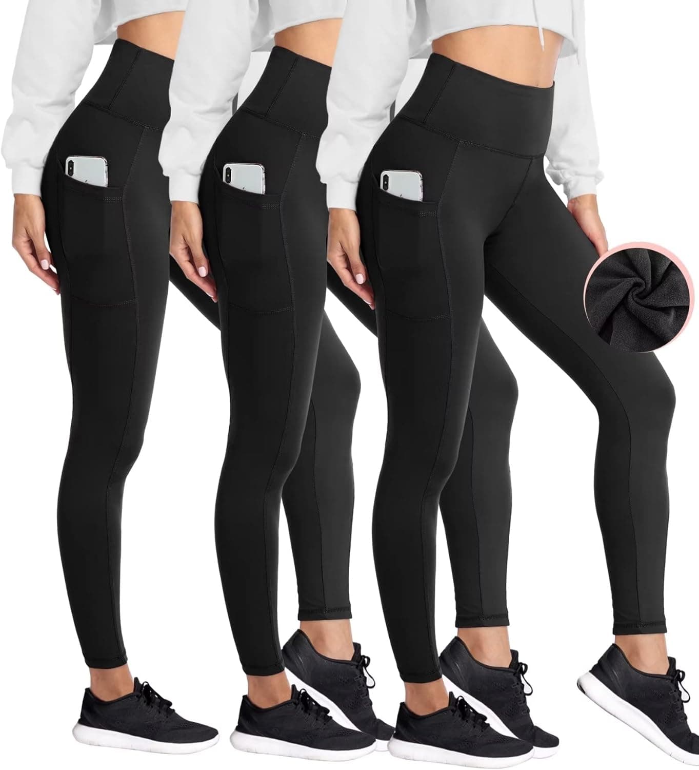 HIGHDAYS 3 Pack Leggings with Pockets for Women - High Waist Tummy Control Brushed Lined Yoga Pants for Yoga Workout Running