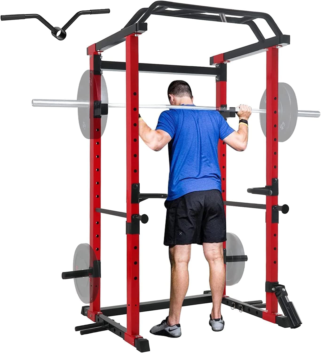 ER KANG Power Cage, 1200LBS Power Rack with LAT Pulldown, Multi-Function Squat Cage, Weight Cage with Pulley System Squat Rack for Home Gym with More Training Attachment (Without Pulley System, Red)