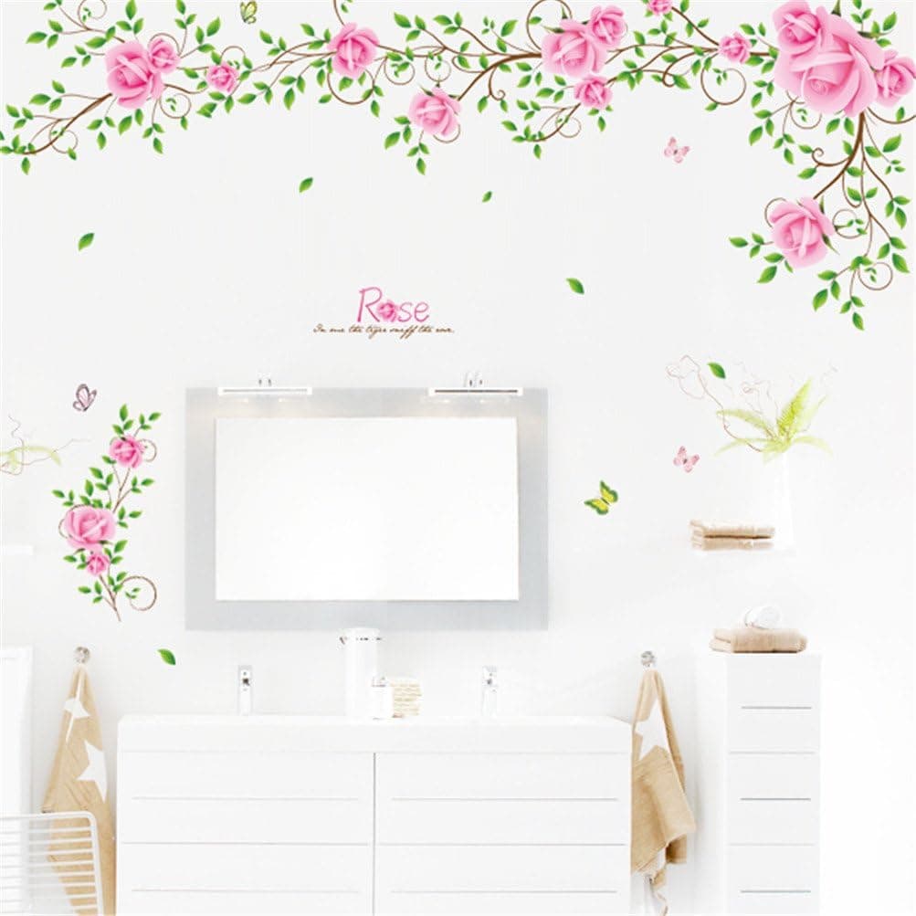 Blanche Lynn Living Room/ Bedroom/ Tv/ Sofa Romantic Pink Rose Vine DIY Wall Stickers Peel and Stick Removeable Decorative PVC Wall Decals