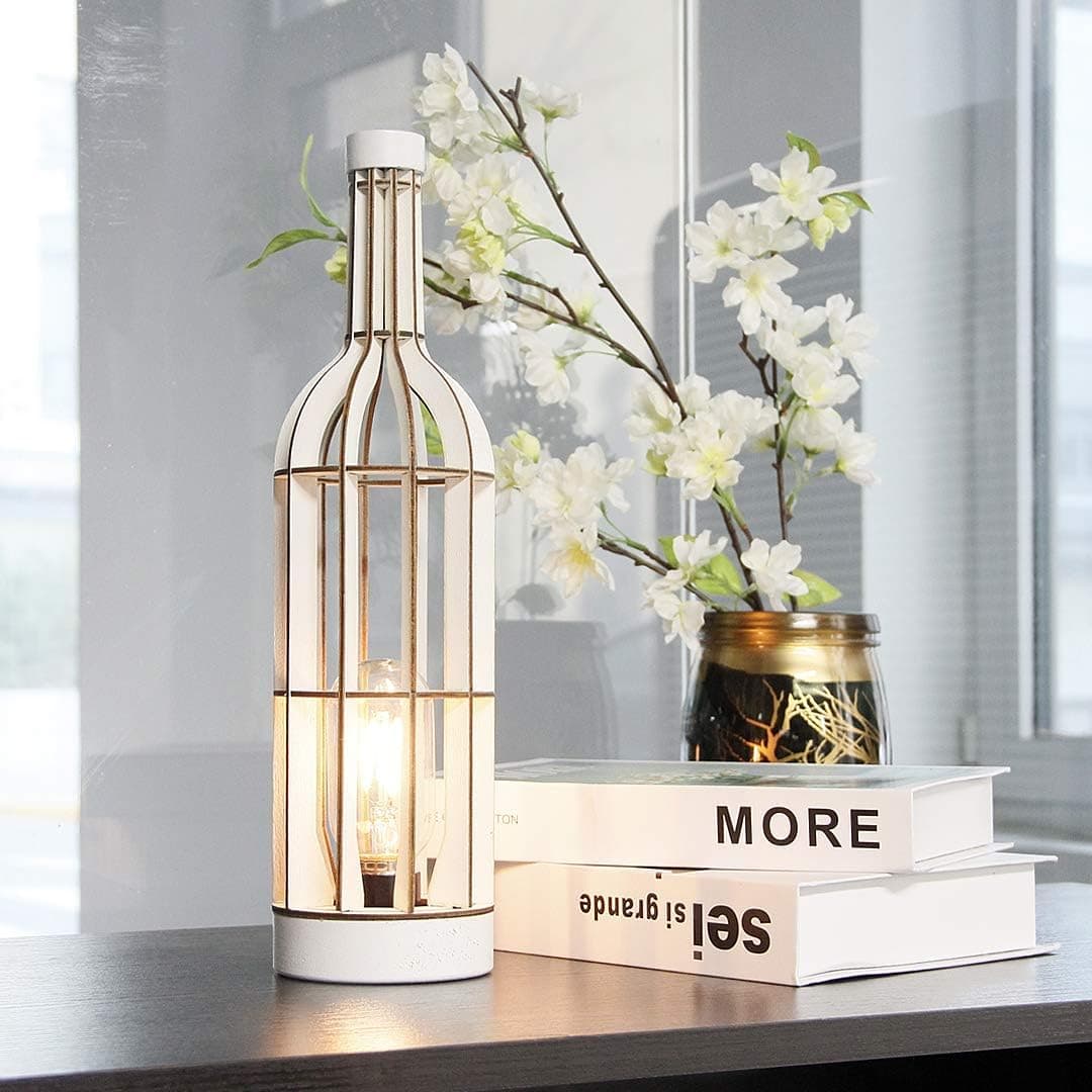 Battery Operated Table Lamps Timer, Wooden Wine Bottle Shape Decorative Lamp, Cordless Battery Powered Nightlight for Area No Plug, Emergency Lamp Tabletop/Corner/Entryway/Stairway/Bathroom (White)