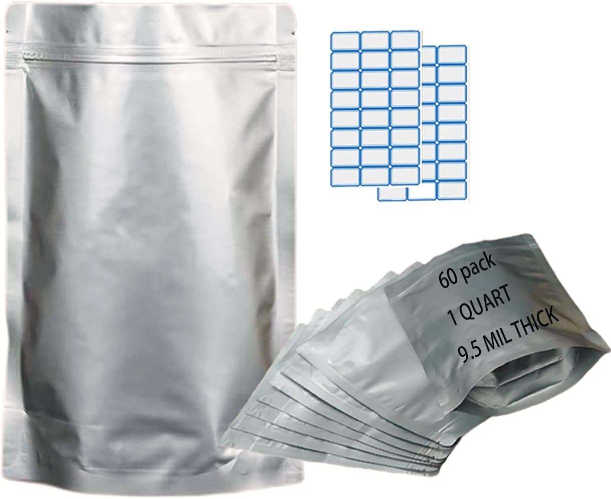 60 Mylar Bags For Food Storage 1 QUART 7''x10'' 9.4 Mil Thick With Sticker Stand-Up Zipper Pouches Sealable Mylar Bags For Long Term Food Storage Odor Free Heat Resistan Standable