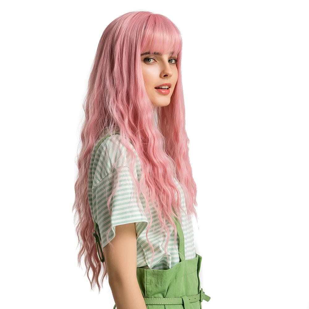 King Gift Pink Wig with Bangs Long Fluffy Curly Wavy Hair Wigs Colorful Synthetic Heat Friendly Halloween Cosplay Hair Full Wig for Women