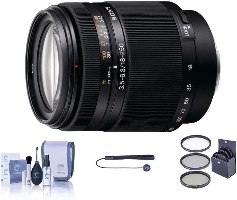 Sony 18-250mm f/3.5-6.3 DT ED A-Mount Zoom Lens Kit, with 62mm Filter Kit, Lens Cap Leash, Pro Cleaning Kit
