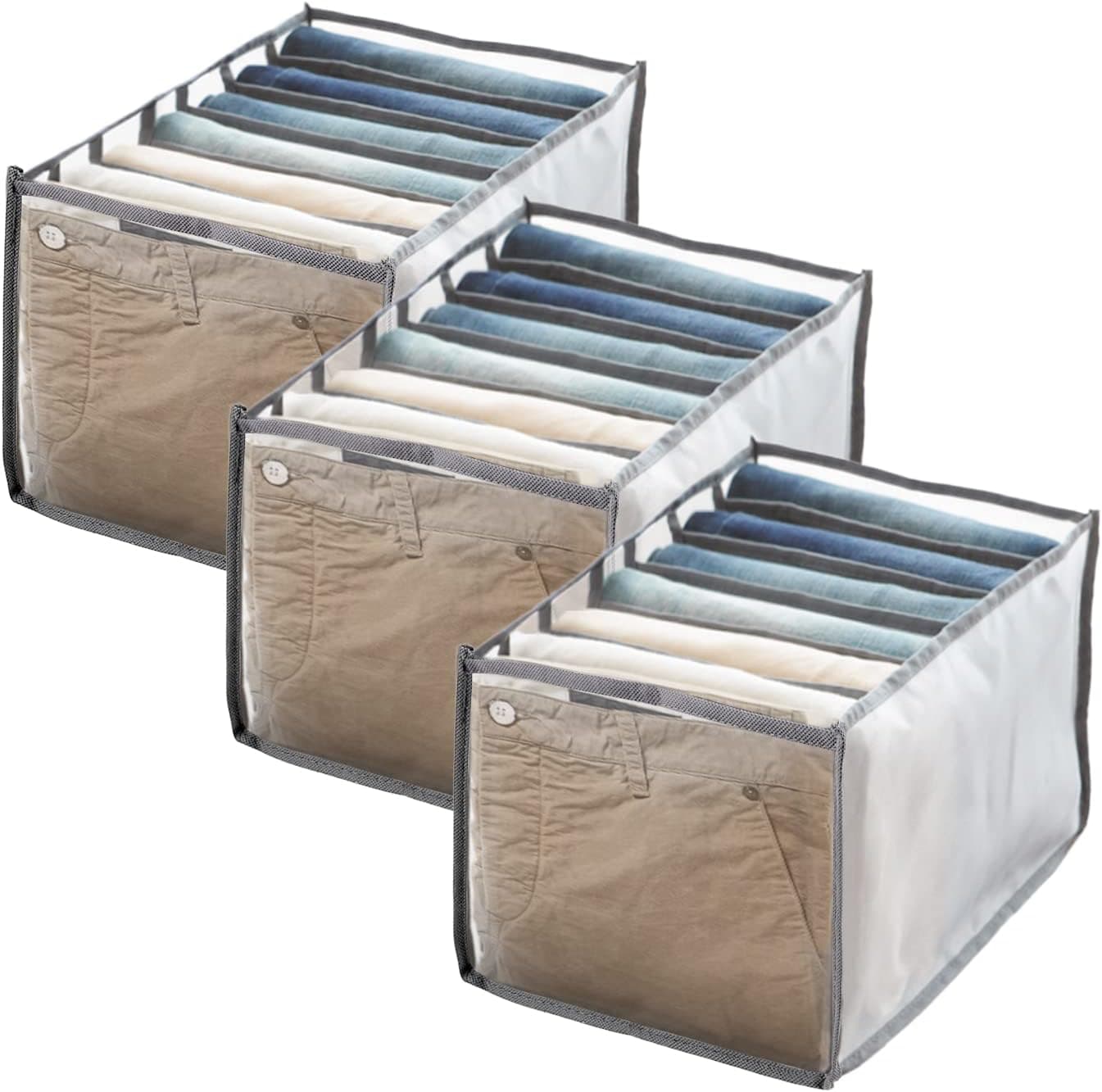 WXJ13 3PCS Wardrobe Clothes Organizer Jeans Compartment Storage Box 7 Grids Folding Clothes Drawer Mesh Separation Organizer Washable Storage Containers Bedroom Closet for T-shirt, Jeans, Grey