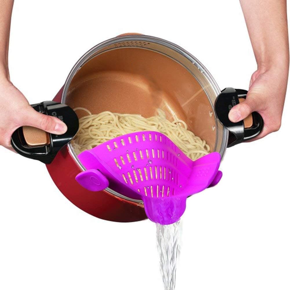 Hoofun Clip-on Silicone Colander, Snap Strainer Colander BPA Free for Spaghetti, Noodles, Pasta, Fruit, Ground Beef- Adjustable Food Grade Filter and Sieve Snaps on Bowls, Pots and Pans (Purple)