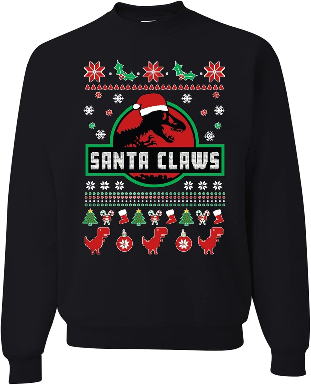 wild custom apparel Jurasic Santa Claws Ugly Christmas Sweater Mens Crew Neck, Black, Small