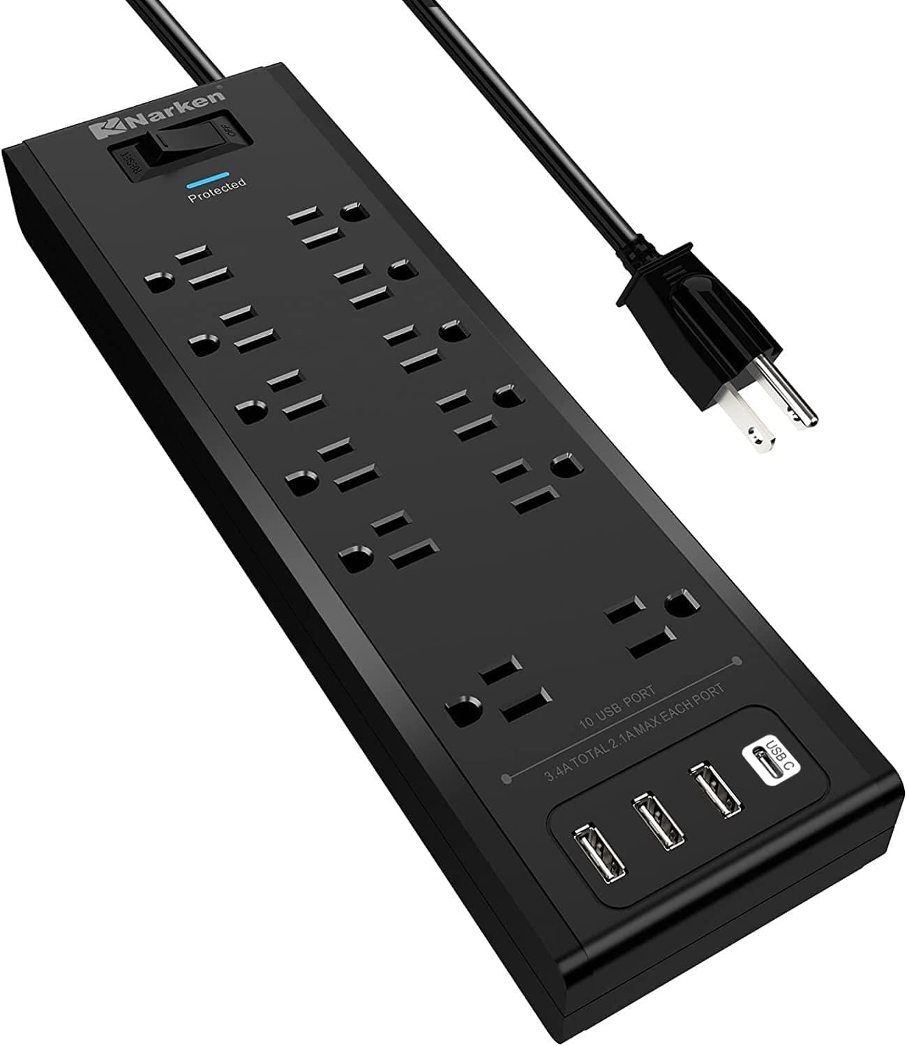 Power Strip, Narken Surge Protector with 12 Outlets and 4 USB Ports (1 USB C Outlet), 6 Feet Extension Cord (1875W/15A), 4360 Joules, ETL Listed, Black 1