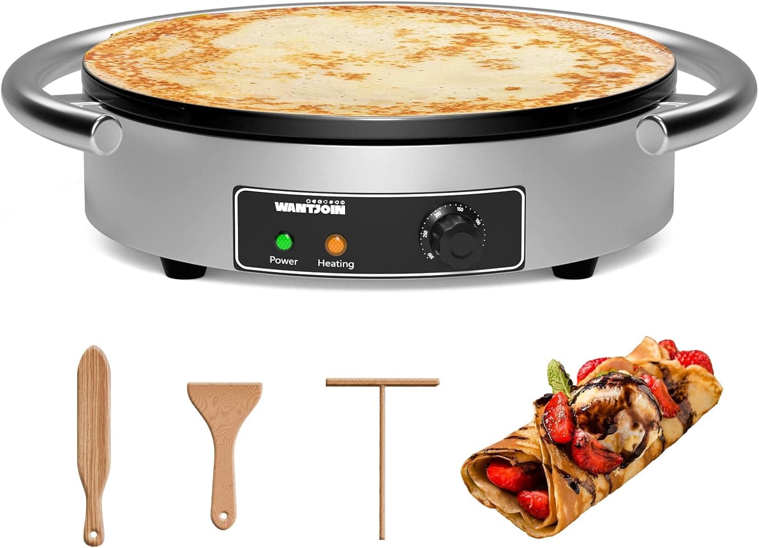 WantJoin Commercial Electric Crepe Maker 16“ 110V, Commercial Non Stick Electric Crepe Machine, 403 Stainless Steel Cooking Base 1700W
