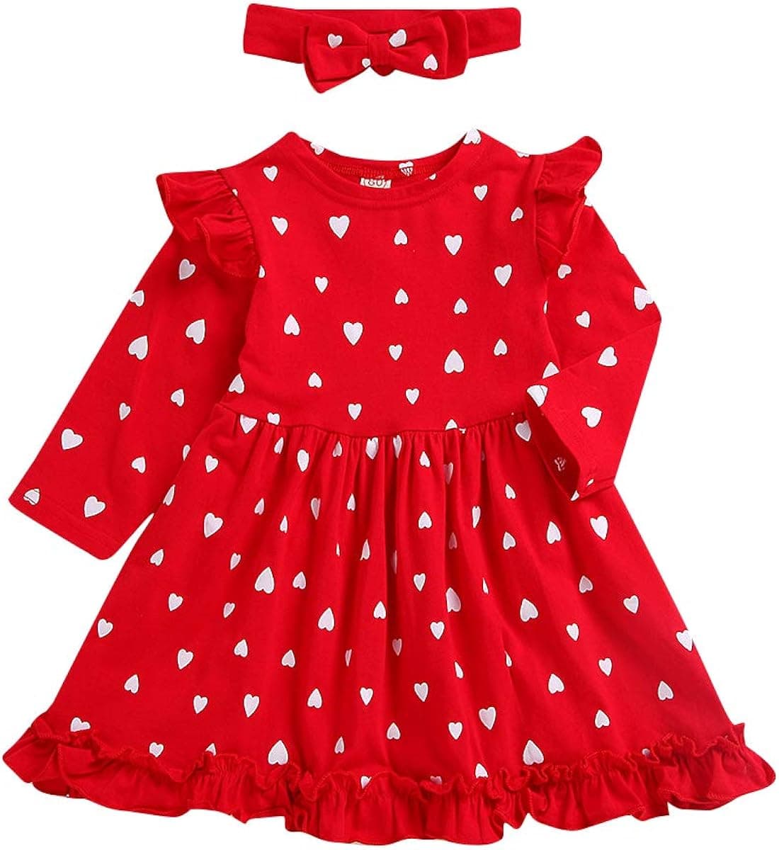 Toddler Baby Girl Love Heart Print Dress Princess Long Sleeve Ruffles Skirt Tutu Outfits