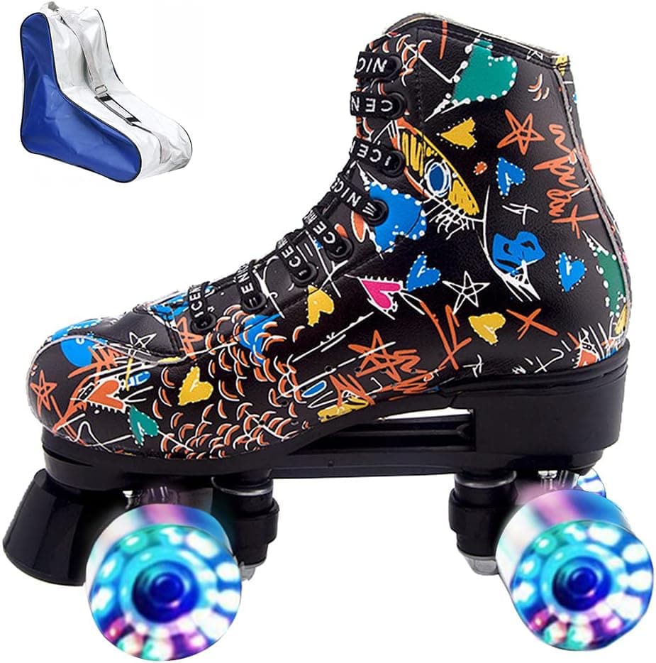 Roller Skates for Women Men Microfiber Leather Fashion Roller Skates Shiny Four Wheels Roller Skates High-top Roller Skates