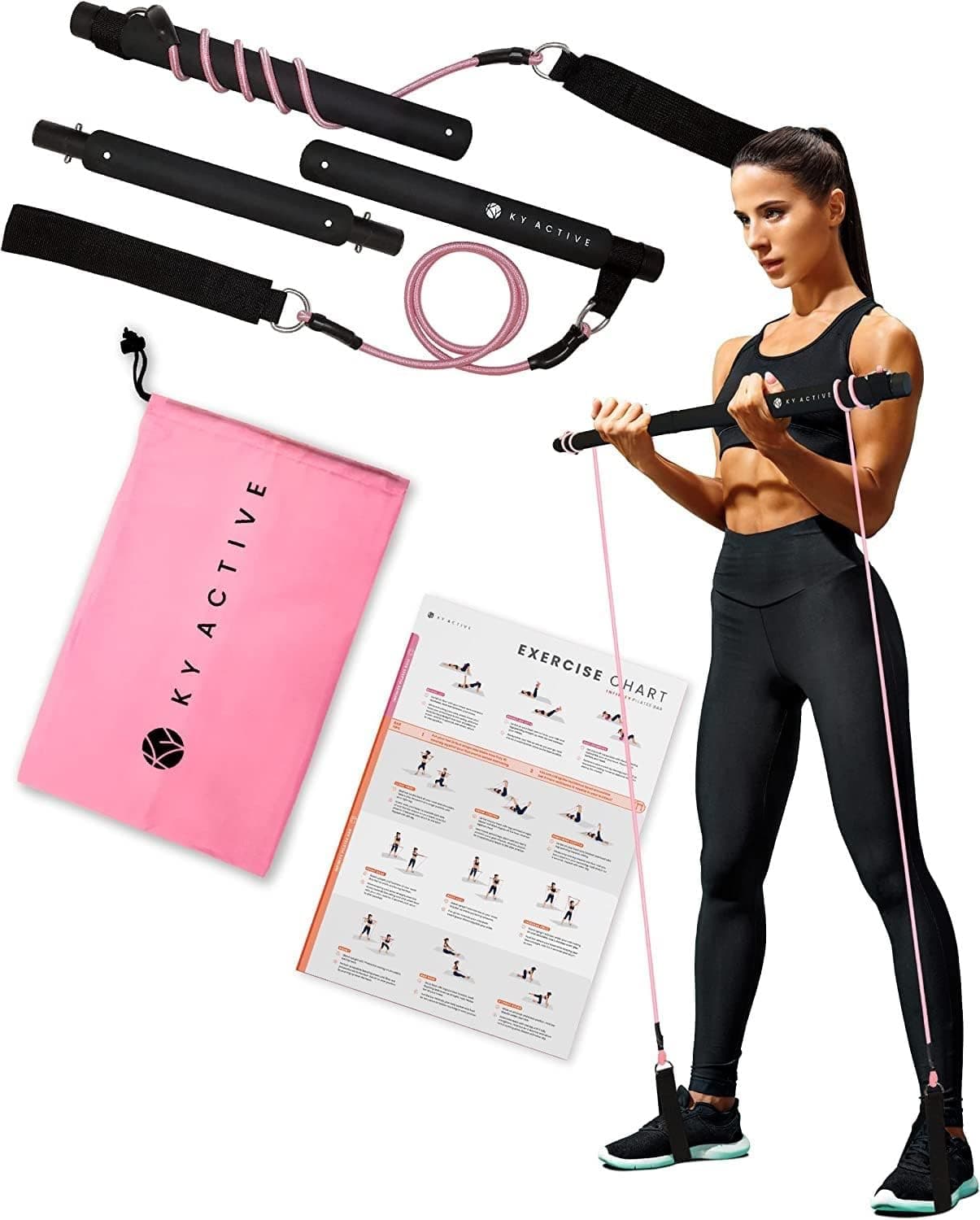 Ky Active Portable Pilates Bar Kit with 25lbs Resistance Bands, Home Gym Exercise System with Mini Pilates Ball and Carry Bag, 3 Foot Adjustable Workout Bar for Legs and Full Body