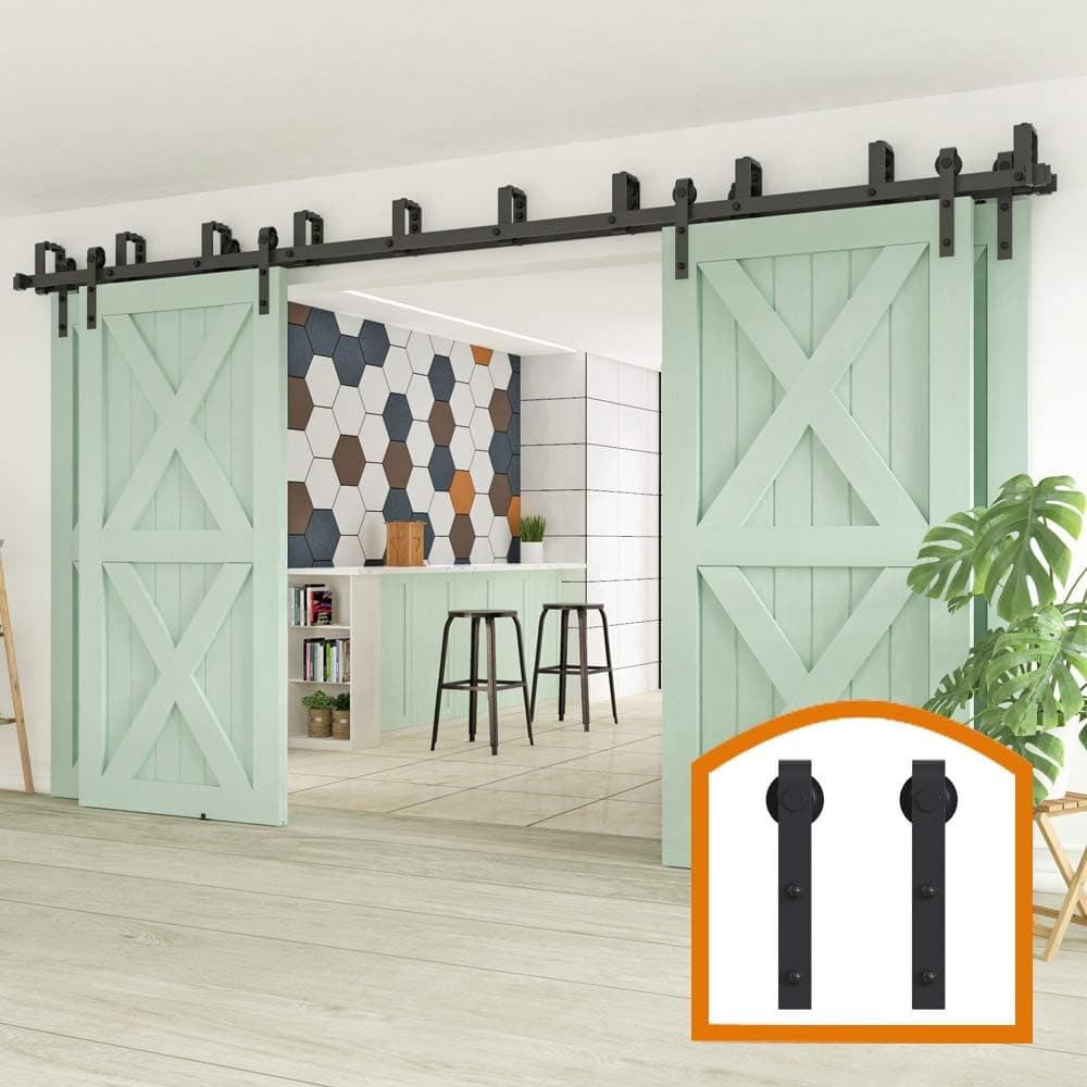ZEKOO 12FT Bypass Barn Door Hardware Kit Double Bypass Barn Door Hardware for 4 Wooden Door Double Track Black Roller Hanger