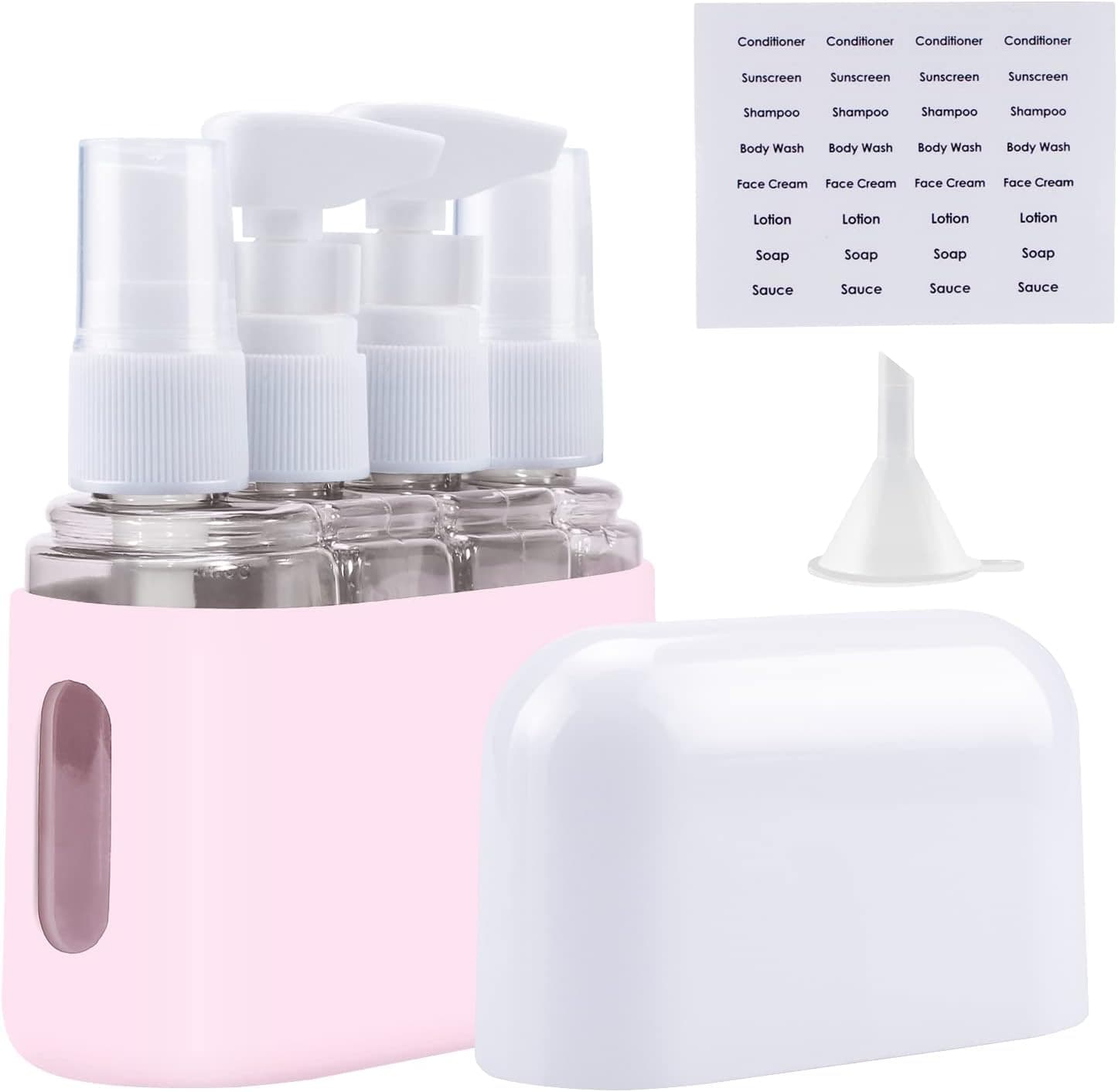 Travel Bottles Set for Toiletries, MAGORUI TSA Approved 4 in 1 Leak Proof Travel Container, Refillable Travel Accessories with Waterproof Label for Business, Personal Travel, Fun Outdoors, Pink