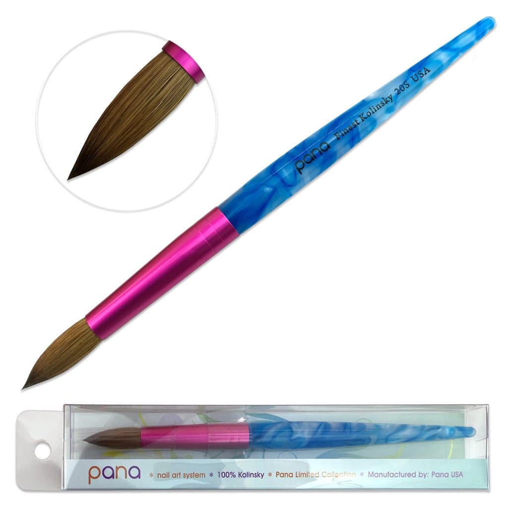 PANA USA Acrylic Nail Brush Pure Kolinsky Hair Acrylic White Swirl Blue Handle with Pink Ferrule Round Shaped - Size 20